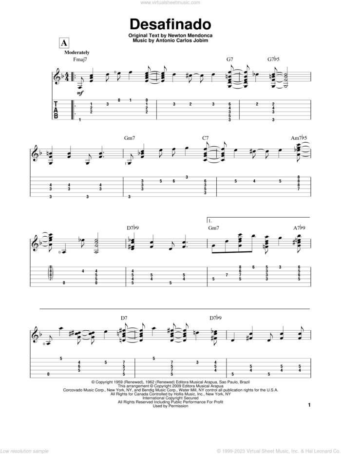 Desafinado sheet music for guitar solo by Antonio Carlos Jobim, intermediate skill level