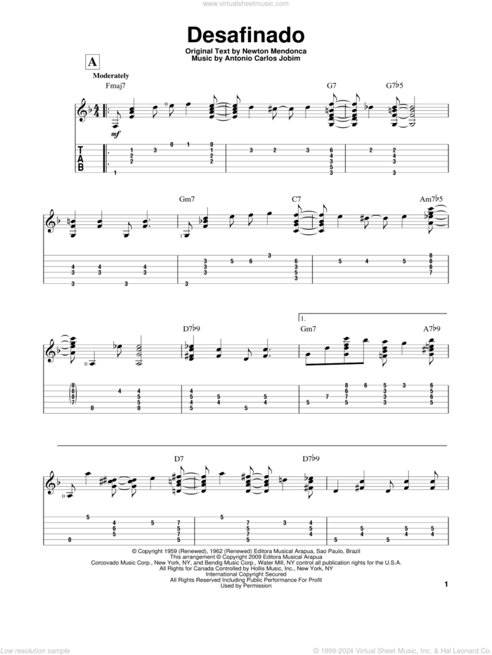 Desafinado sheet music for guitar solo by Antonio Carlos Jobim, intermediate skill level