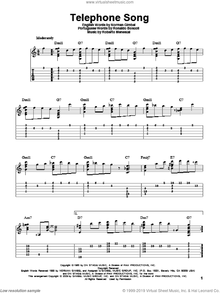 Telephone Song (feat. Astrud Gilberto) sheet music for guitar solo by Stan Getz, Norman Gimbel, Roberto Menescal and Ronaldo Boscoli, intermediate skill level