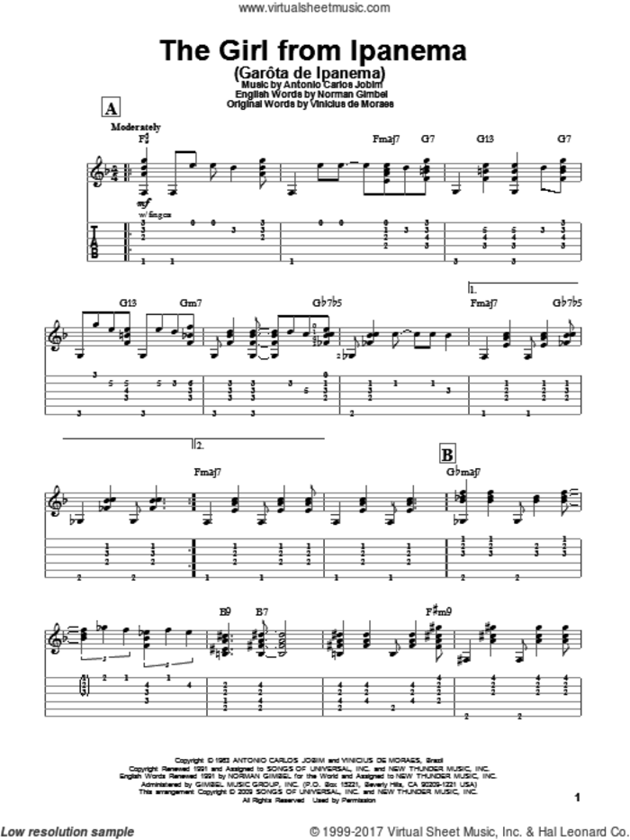 The Girl From Ipanema (feat. Astrud Gilberto) sheet music for guitar solo by Stan Getz & João Gilberto, Antonio Carlos Jobim and Norman Gimbel, intermediate skill level