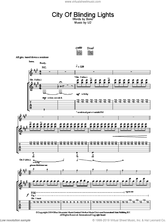 City Of Blinding Lights sheet music for guitar (tablature) by U2 and Bono, intermediate skill level