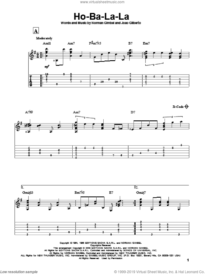 Ho-Ba-La-La sheet music for guitar solo by Norman Gimbel and Joao Gilberto, intermediate skill level