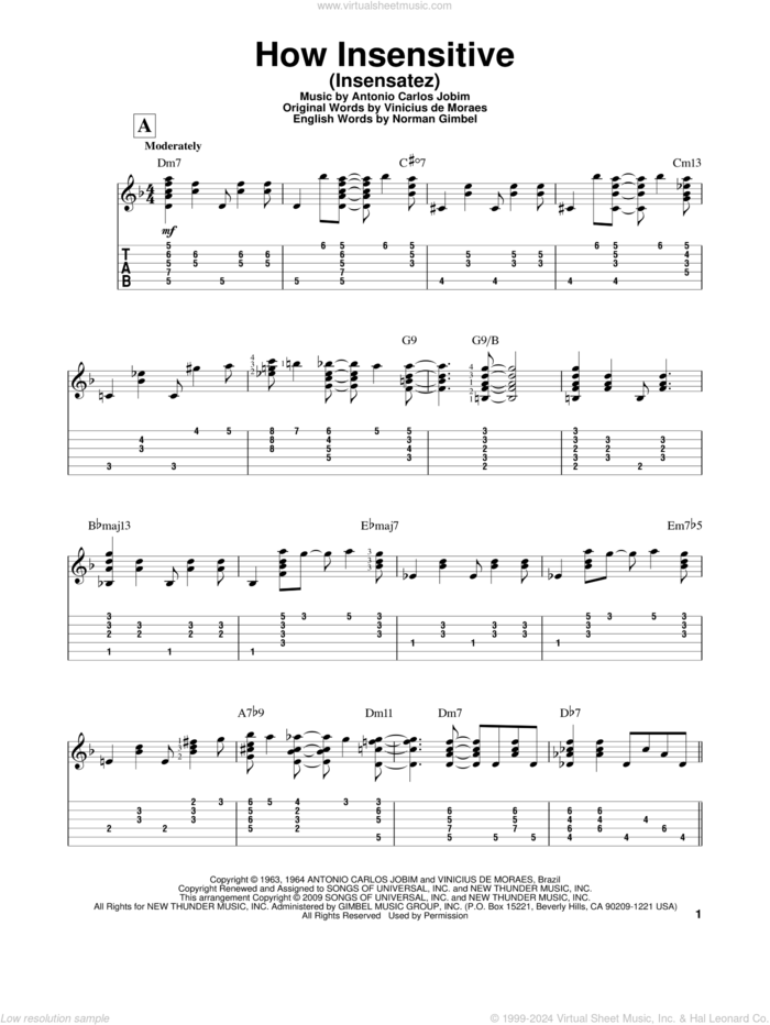 How Insensitive (Insensatez) sheet music for guitar solo by Antonio Carlos Jobim, Astrud Gilberto, Norman Gimbel and Vinicius de Moraes, intermediate skill level