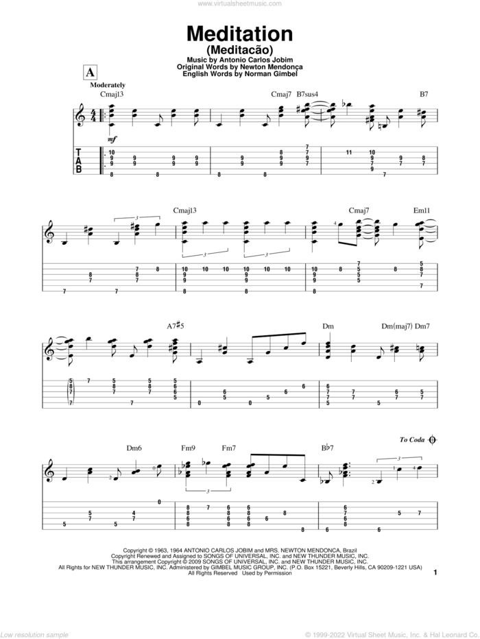 Meditation (Meditacao) sheet music for guitar solo by Antonio Carlos Jobim and Norman Gimbel, intermediate skill level