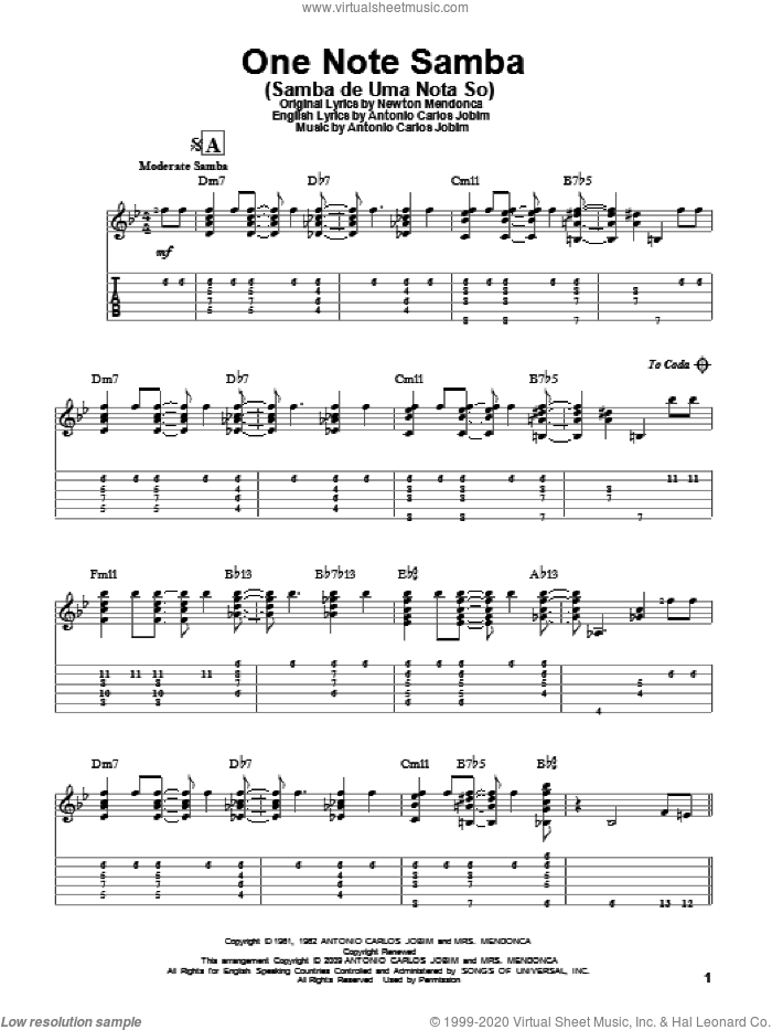 One Note Samba (Samba De Uma Nota So) sheet music for guitar solo by Antonio Carlos Jobim and Newton Mendonca, intermediate skill level