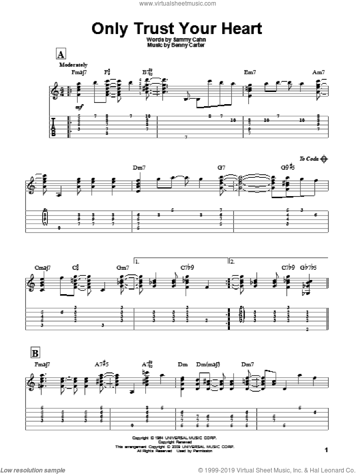 Only Trust Your Heart sheet music for guitar solo by Sammy Cahn and Benny Carter, intermediate skill level