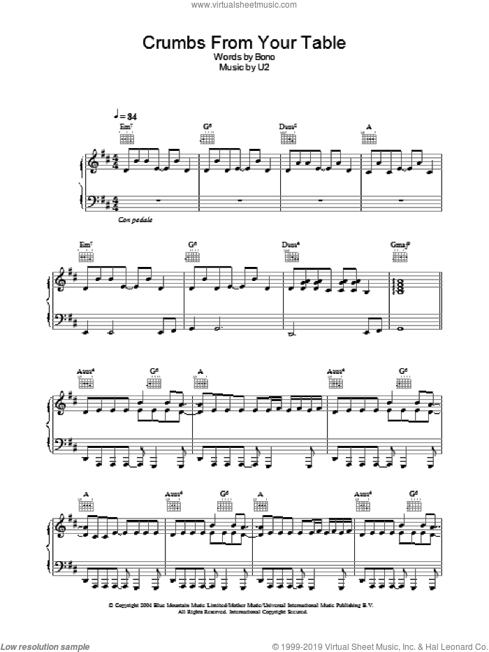 Crumbs From Your Table sheet music for voice, piano or guitar by U2 and Bono, intermediate skill level