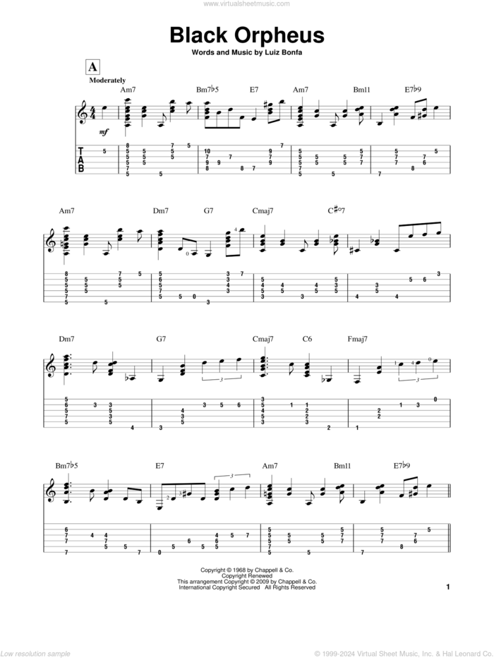 Black Orpheus sheet music for guitar solo by Luiz Bonfa and Stan Getz, intermediate skill level