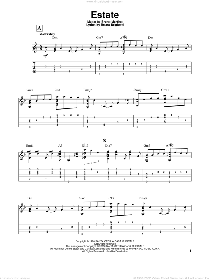 Estate sheet music for guitar solo by Bruno Martino and Bruno Brighetti, intermediate skill level