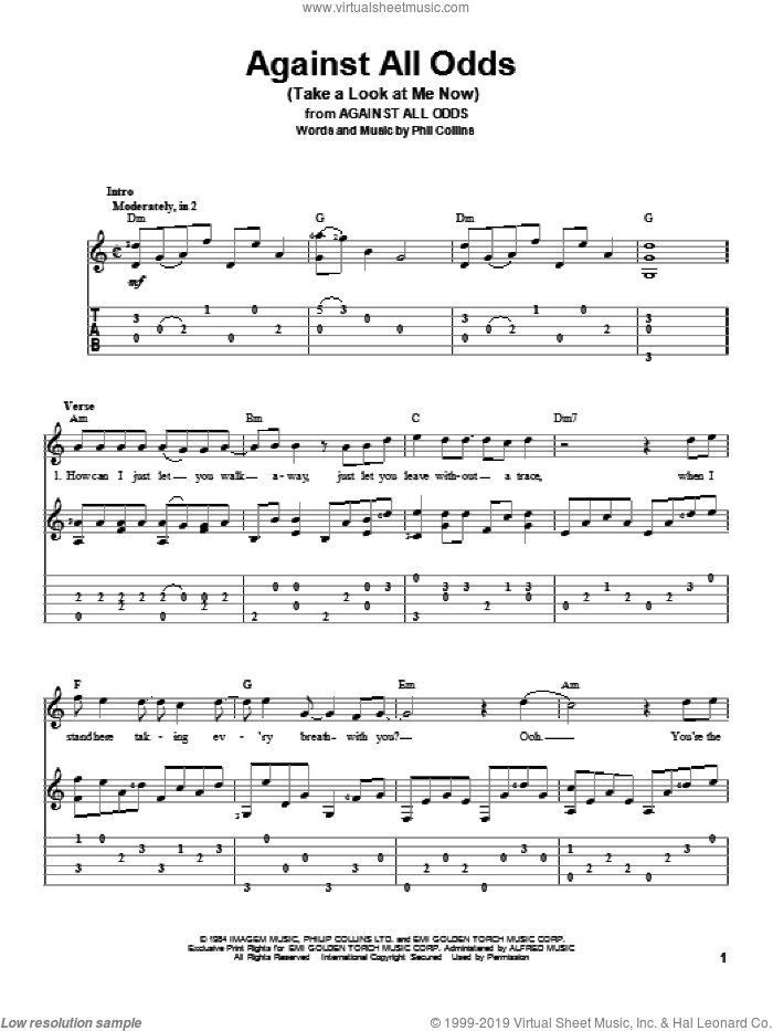 Against All Odds (Take A Look At Me Now) sheet music for guitar solo by Phil Collins, intermediate skill level