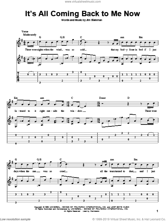 It's All Coming Back To Me Now sheet music for guitar solo by Celine Dion and Jim Steinman, intermediate skill level