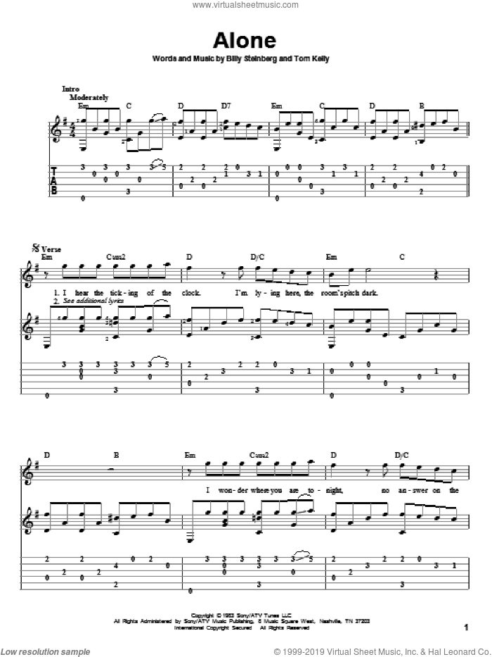 Alone sheet music for guitar solo by Heart, Billy Steinberg and Tom Kelly, intermediate skill level