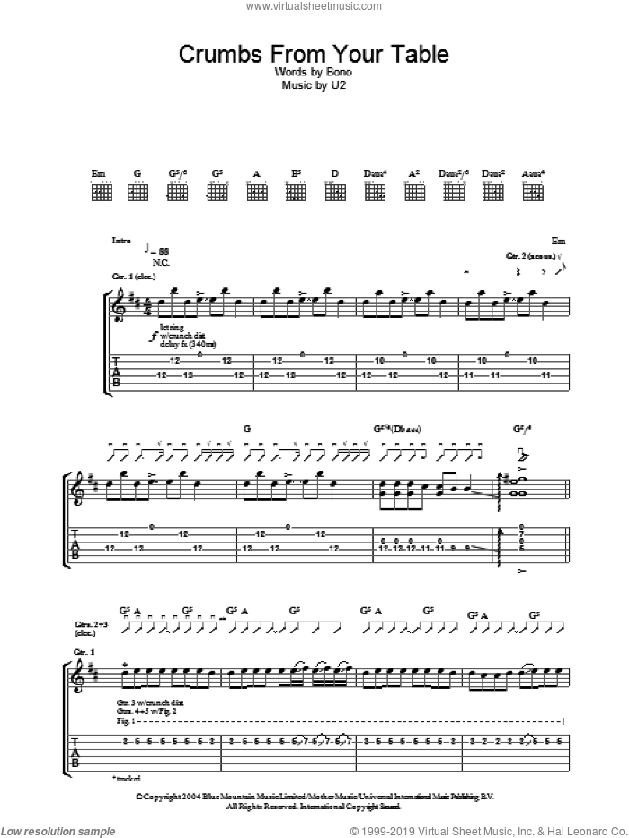 Crumbs From Your Table sheet music for guitar (tablature) by U2 and Bono, intermediate skill level