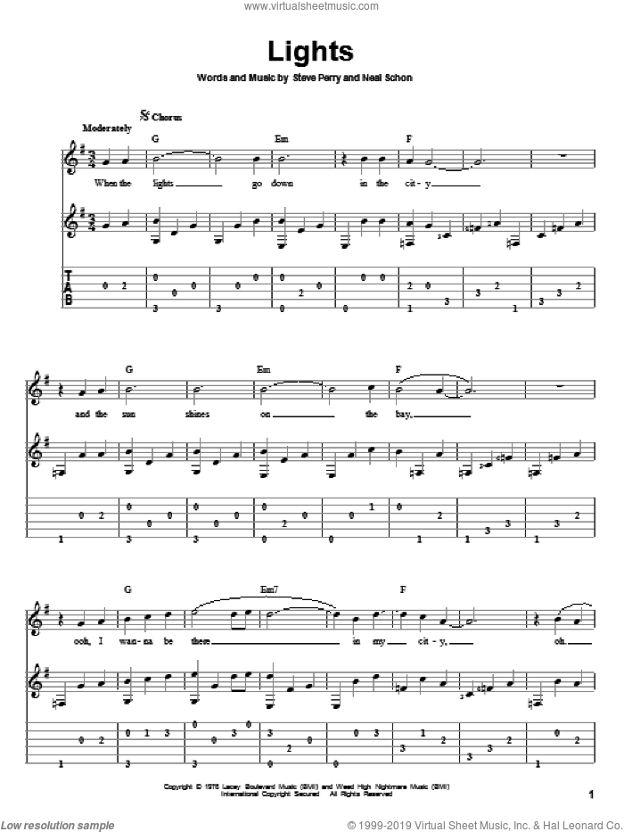 Lights sheet music for guitar solo by Journey, Neal Schon and Steve Perry, intermediate skill level