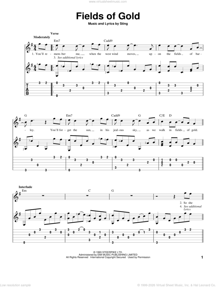 Fields Of Gold sheet music for guitar solo by Sting, intermediate skill level