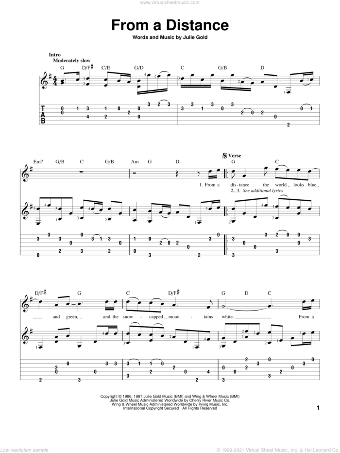 From A Distance sheet music for guitar solo by Bette Midler and Julie Gold, intermediate skill level