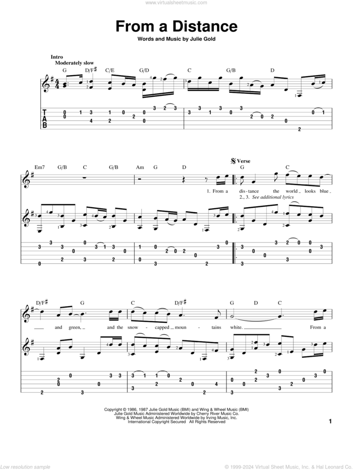 From A Distance sheet music for guitar solo by Bette Midler and Julie Gold, intermediate skill level