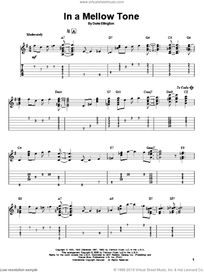 In A Mellow Tone sheet music for guitar solo by Duke Ellington, Jeff Arnold and Milt Gabler, intermediate skill level