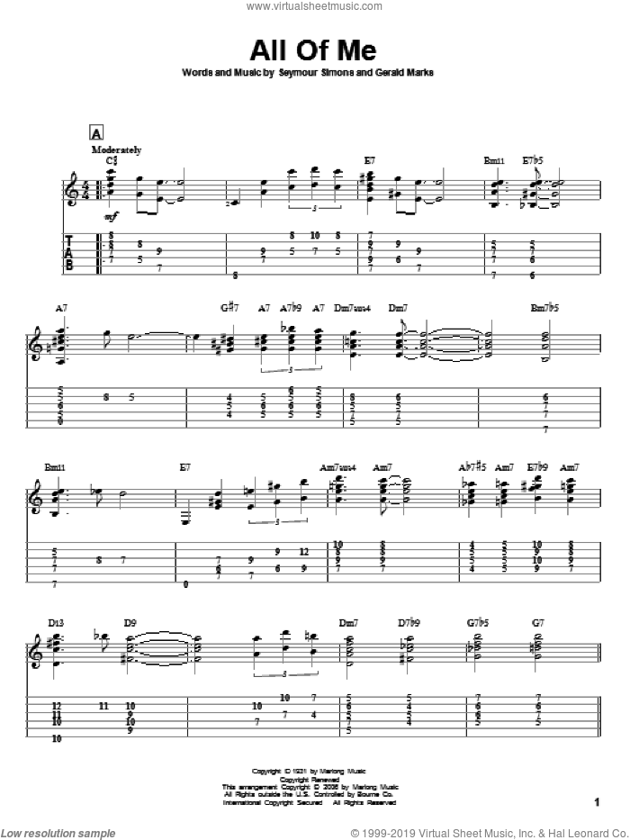 All Of Me sheet music for guitar solo by Louis Armstrong, Jeff Arnold, Gerald Marks and Seymour Simons, intermediate skill level