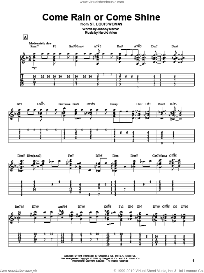 Come Rain Or Come Shine sheet music for guitar solo by Harold Arlen, Jeff Arnold and Johnny Mercer, intermediate skill level