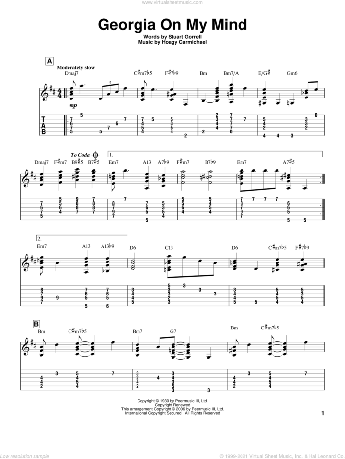 Georgia On My Mind sheet music for guitar solo by Ray Charles, Jeff Arnold, Willie Nelson, Hoagy Carmichael and Stuart Gorrell, intermediate skill level