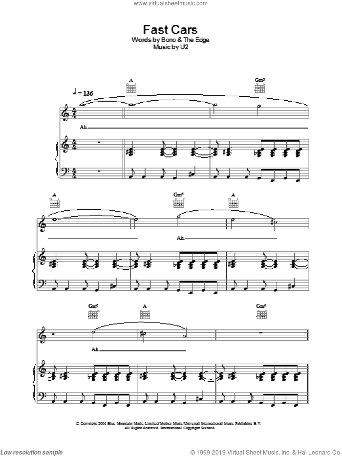 Fast Cars sheet music for voice, piano or guitar by U2, Bono and The Edge, intermediate skill level