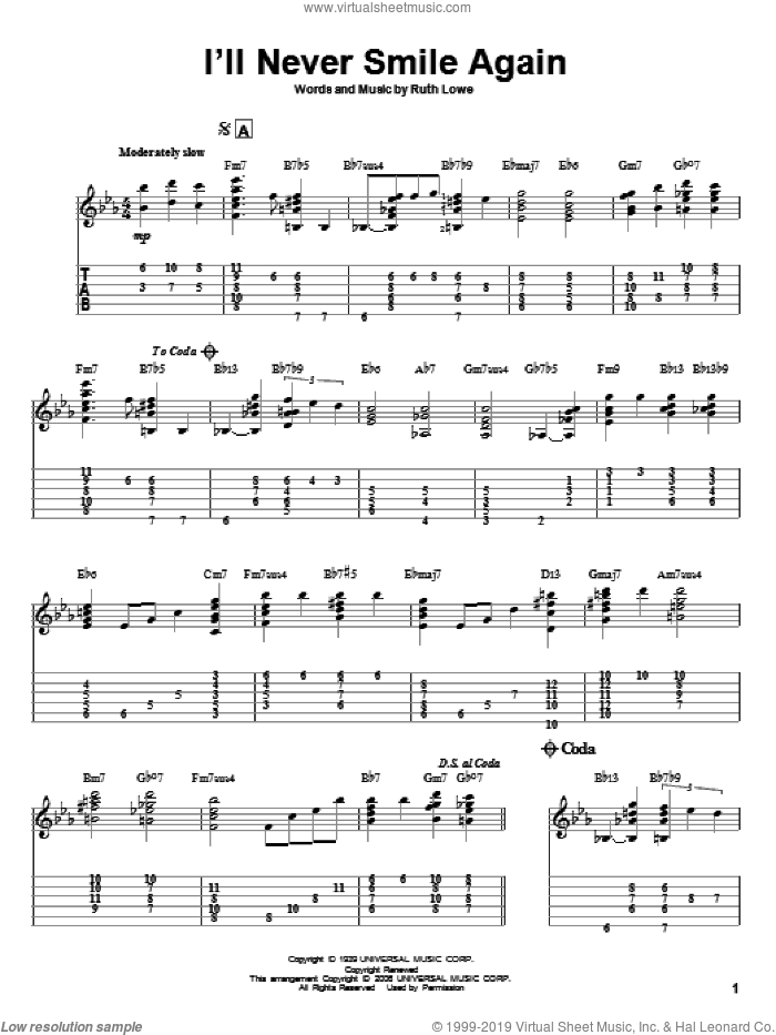 I'll Never Smile Again sheet music for guitar solo by Tommy Dorsey, Jeff Arnold and Ruth Lowe, intermediate skill level