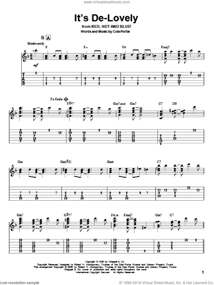 It's De-Lovely sheet music for guitar solo by Cole Porter and Jeff Arnold, intermediate skill level