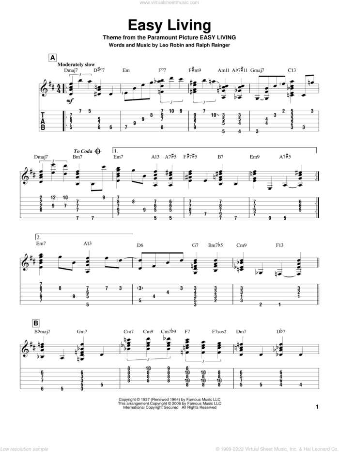 Easy Living sheet music for guitar solo by Billie Holiday, Jeff Arnold, Leo Robin and Ralph Rainger, intermediate skill level