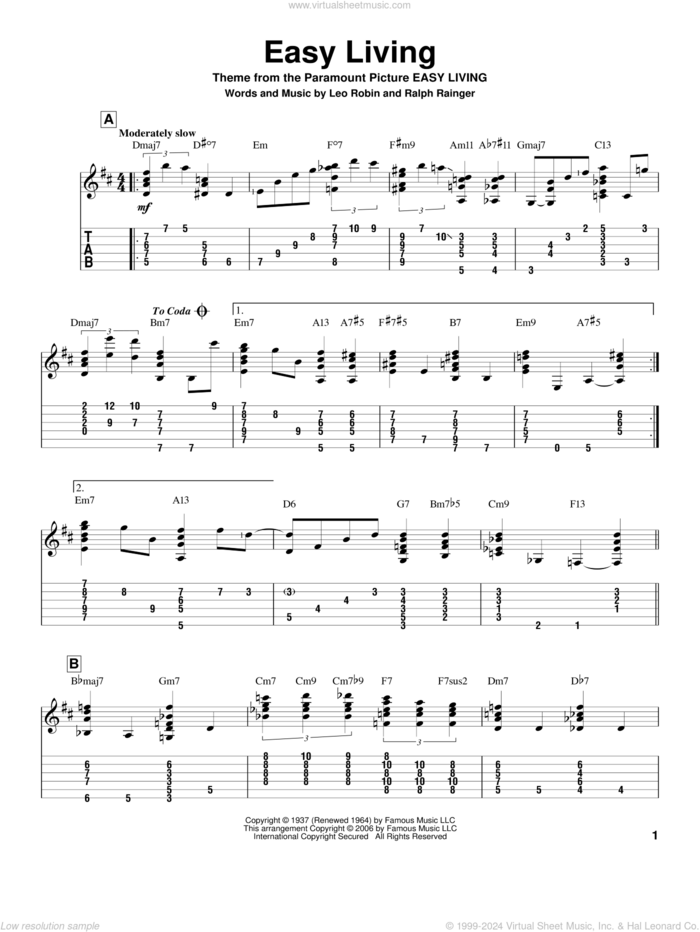 Easy Living sheet music for guitar solo by Billie Holiday, Jeff Arnold, Leo Robin and Ralph Rainger, intermediate skill level