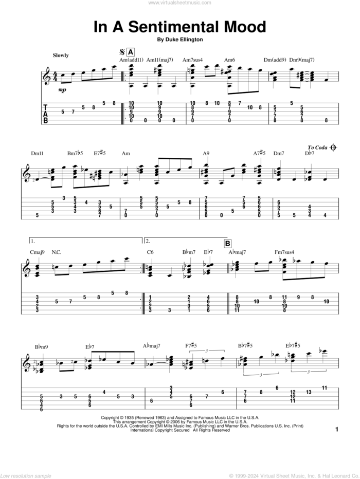 In A Sentimental Mood sheet music for guitar solo by Duke Ellington, Jeff Arnold, Irving Mills and Manny Kurtz, intermediate skill level