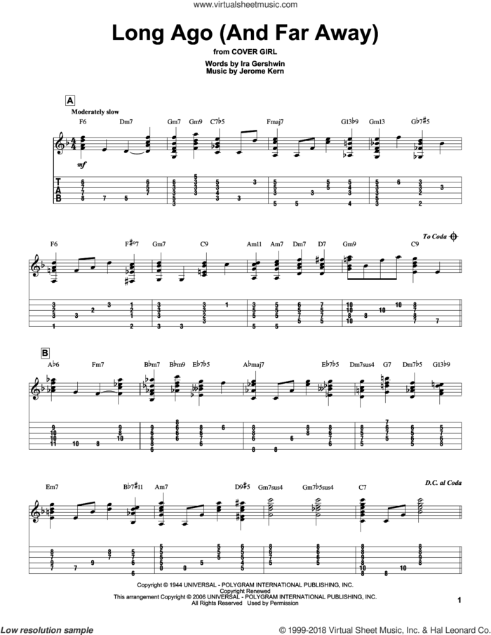 Long Ago (And Far Away), (intermediate) (And Far Away) sheet music for guitar solo by Jerome Kern, Jeff Arnold and Ira Gershwin, intermediate skill level