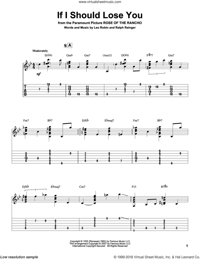 If I Should Lose You sheet music for guitar solo by Ralph Rainger, Jeff Arnold, Phineas Newborn and Leo Robin, intermediate skill level