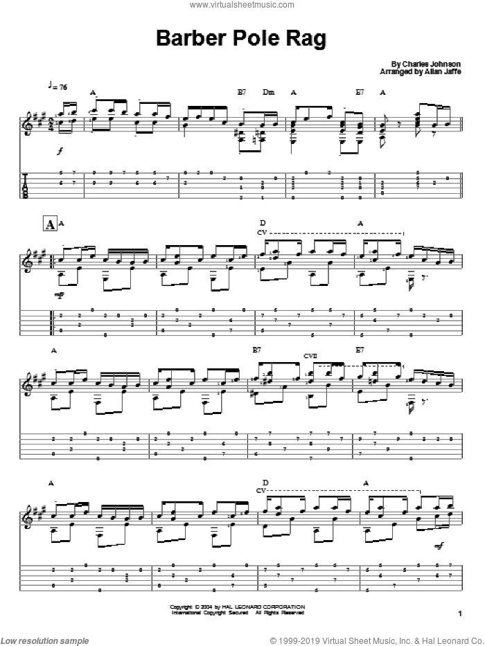 Barber Pole Rag sheet music for guitar solo by Charles Johnson, intermediate skill level