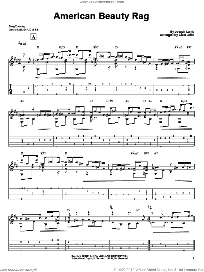 American Beauty sheet music for guitar solo by Joseph Lamb, intermediate skill level