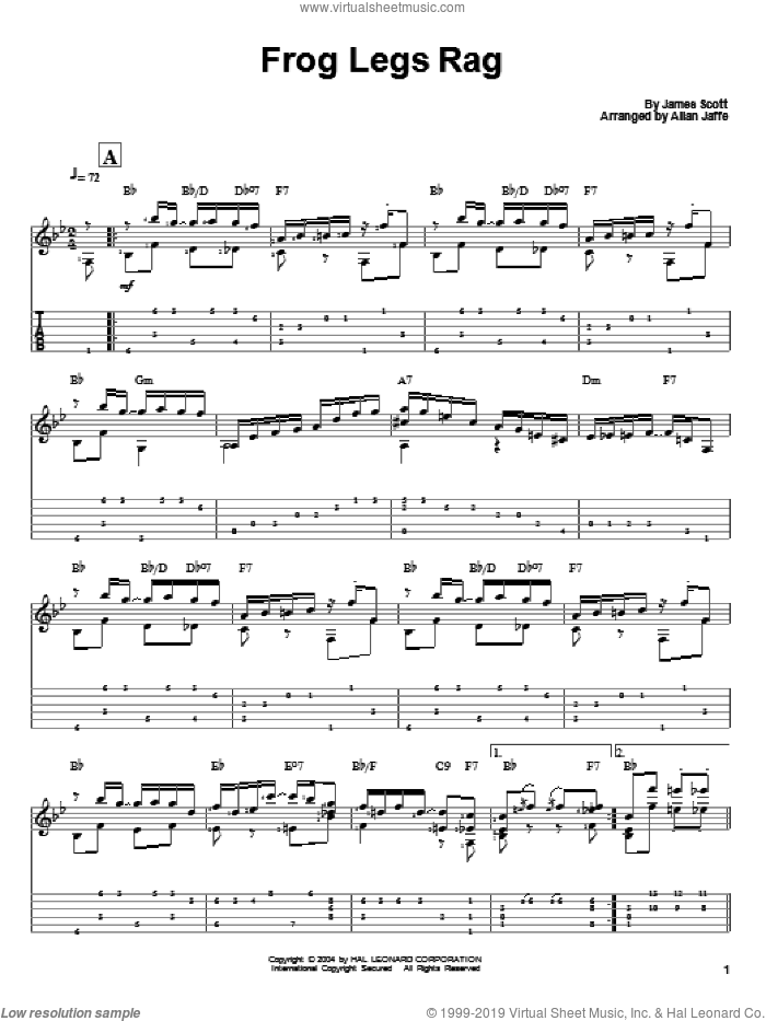 Frog Legs Rag sheet music for guitar solo by James Scott, intermediate skill level