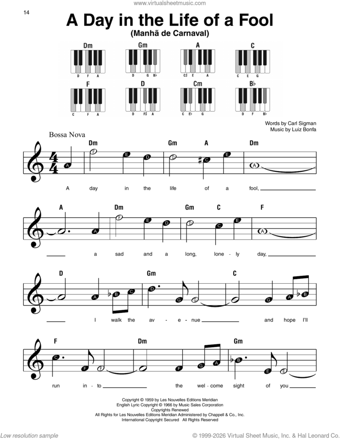 A Day In The Life Of A Fool (ManhA� De Carnaval) sheet music for piano solo by Carl Sigman and Luiz Bonfa, beginner skill level