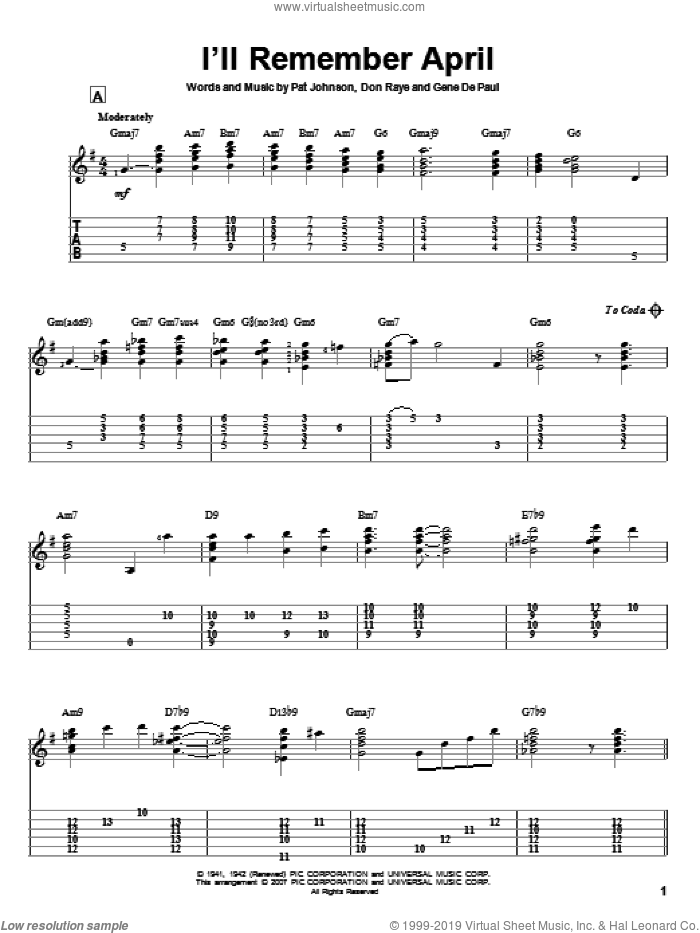 I'll Remember April sheet music for guitar solo by Woody Herman, Jeff Arnold, Don Raye, Gene DePaul and Pat Johnston, intermediate skill level