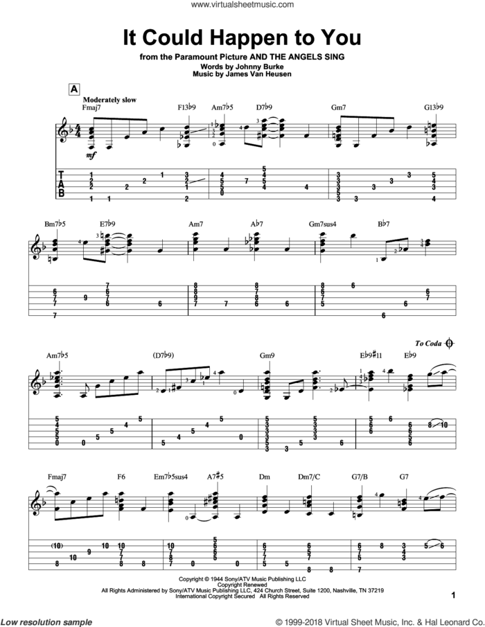 It Could Happen To You sheet music for guitar solo by Frank Sinatra, Jeff Arnold, Jimmy van Heusen and John Burke, intermediate skill level