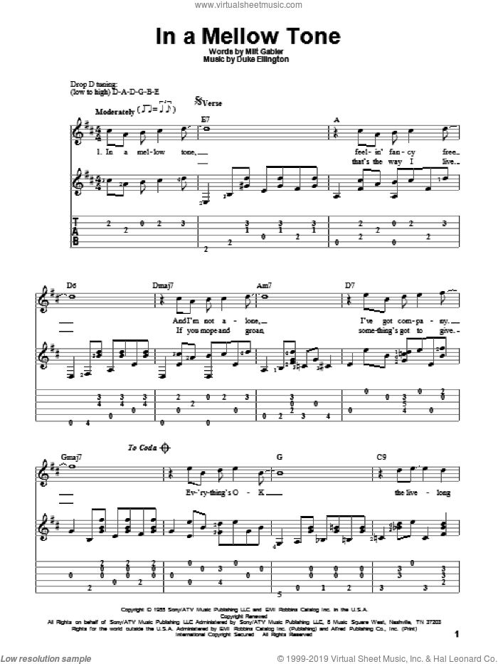 In A Mellow Tone sheet music for guitar solo by Duke Ellington and Milt Gabler, intermediate skill level