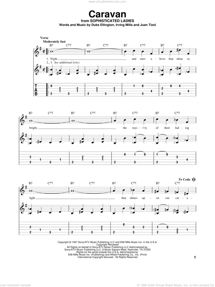 Caravan sheet music for guitar solo by Duke Ellington, Billy Eckstine, Ralph Marterie, Irving Mills and Juan Tizol, intermediate skill level