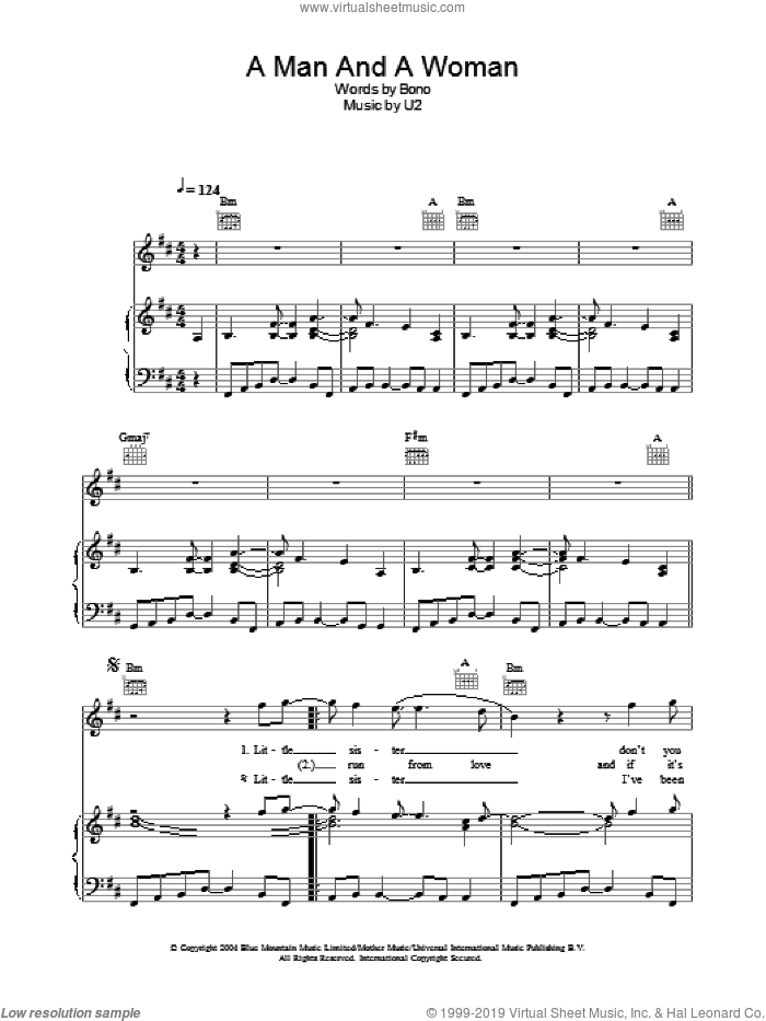 A Man And A Woman sheet music for voice, piano or guitar by U2 and Bono, intermediate skill level