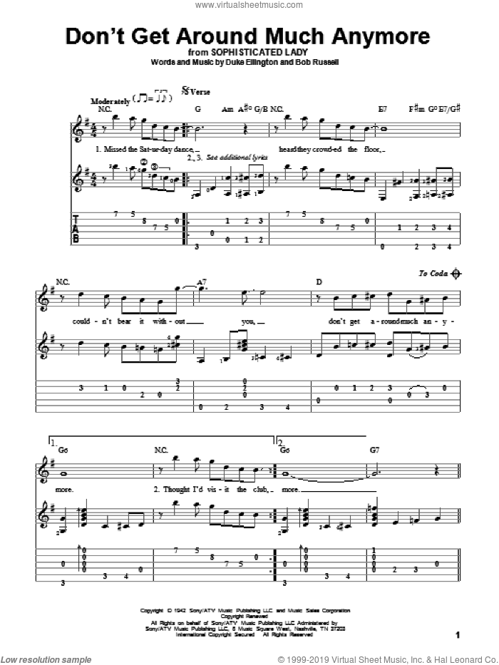 Don't Get Around Much Anymore sheet music for guitar solo by Duke Ellington and Bob Russell, intermediate skill level
