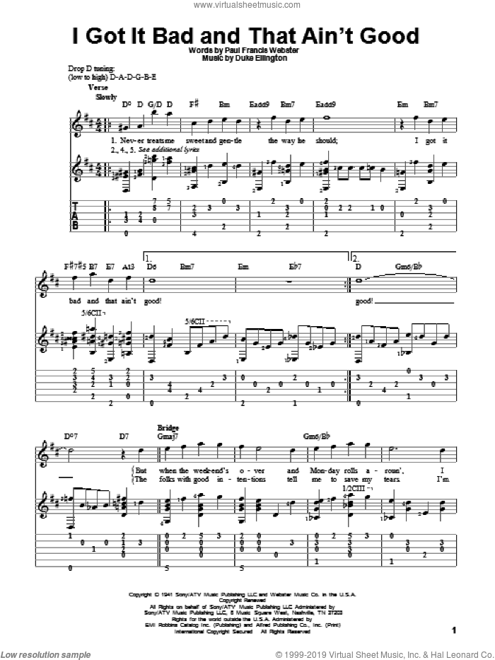 I Got It Bad And That Ain't Good sheet music for guitar solo by Duke Ellington and Paul Francis Webster, intermediate skill level