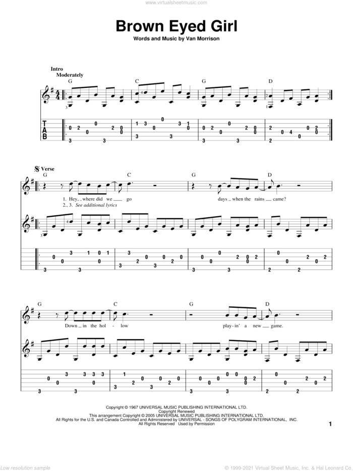 Brown Eyed Girl, (intermediate) sheet music for guitar solo by Van Morrison, intermediate skill level