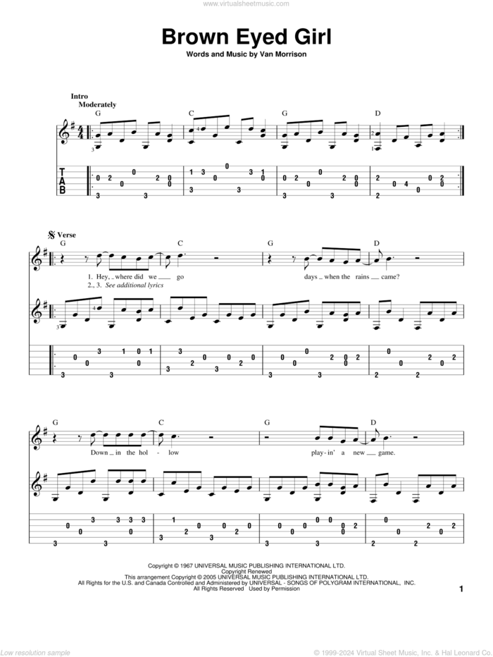 Brown Eyed Girl, (intermediate) sheet music for guitar solo by Van Morrison, intermediate skill level