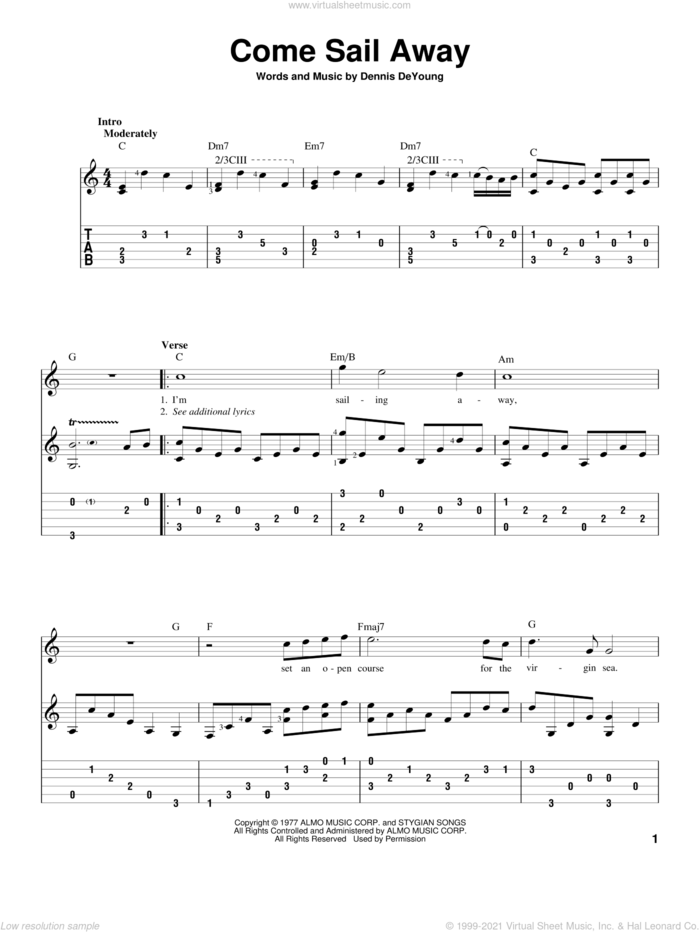 Come Sail Away sheet music for guitar solo by Styx and Dennis DeYoung, intermediate skill level