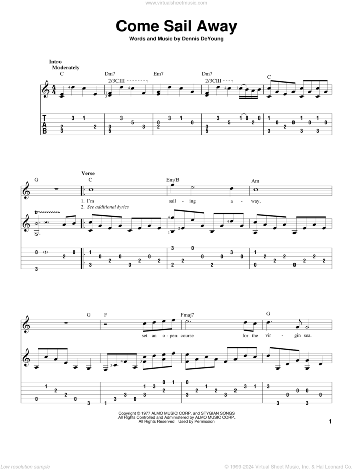 Come Sail Away sheet music for guitar solo by Styx and Dennis DeYoung, intermediate skill level