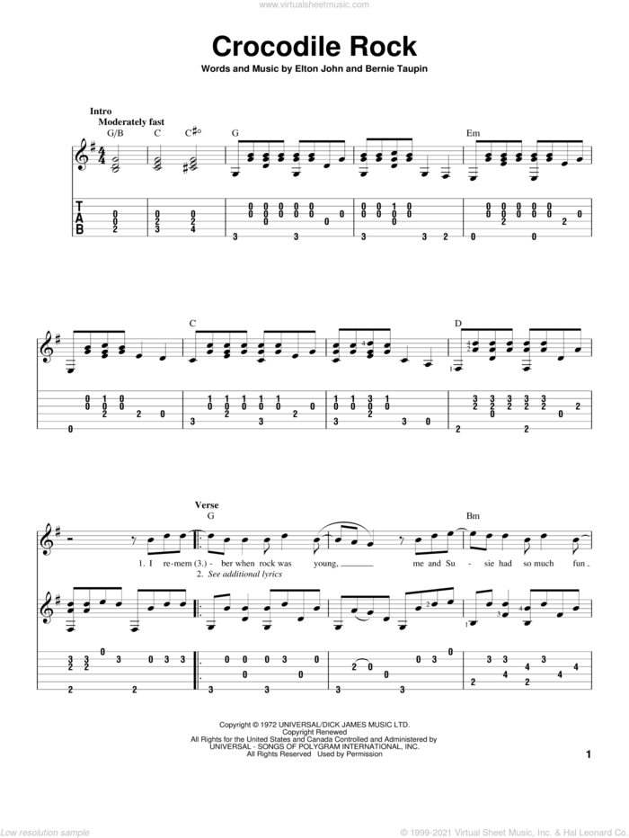 Crocodile Rock sheet music for guitar solo by Elton John and Bernie Taupin, intermediate skill level