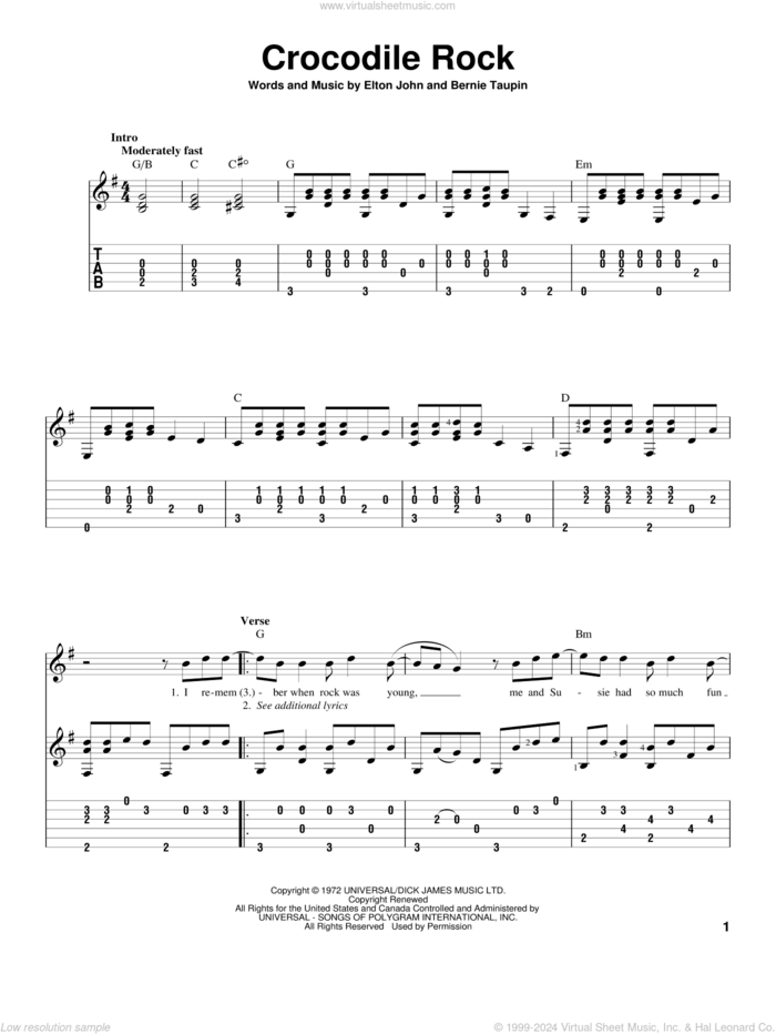 Crocodile Rock sheet music for guitar solo by Elton John and Bernie Taupin, intermediate skill level